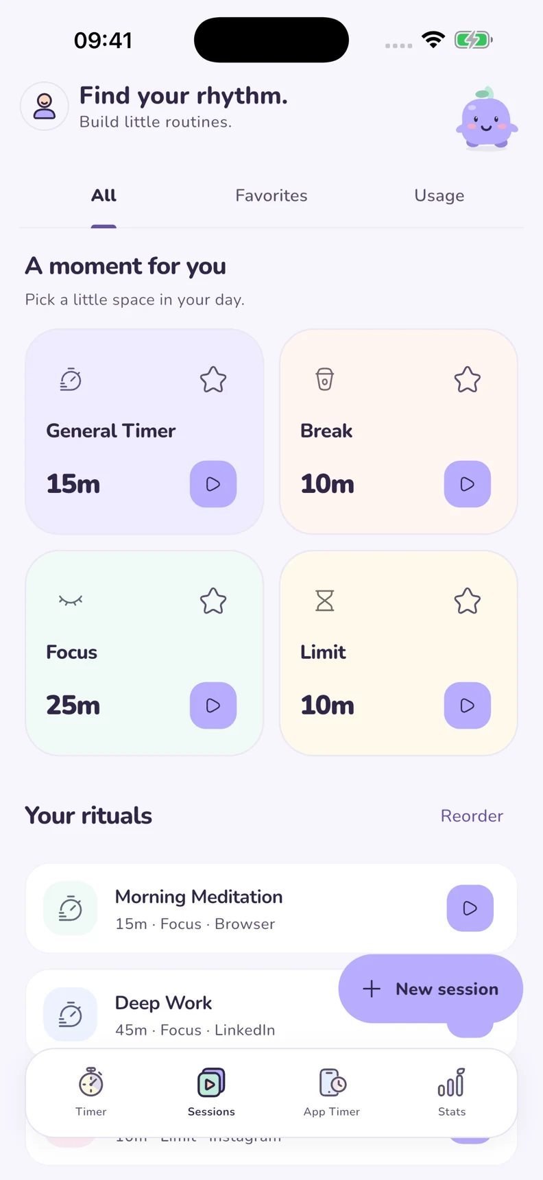 HabiTamer Sessions screen with Focus, Break and custom routines