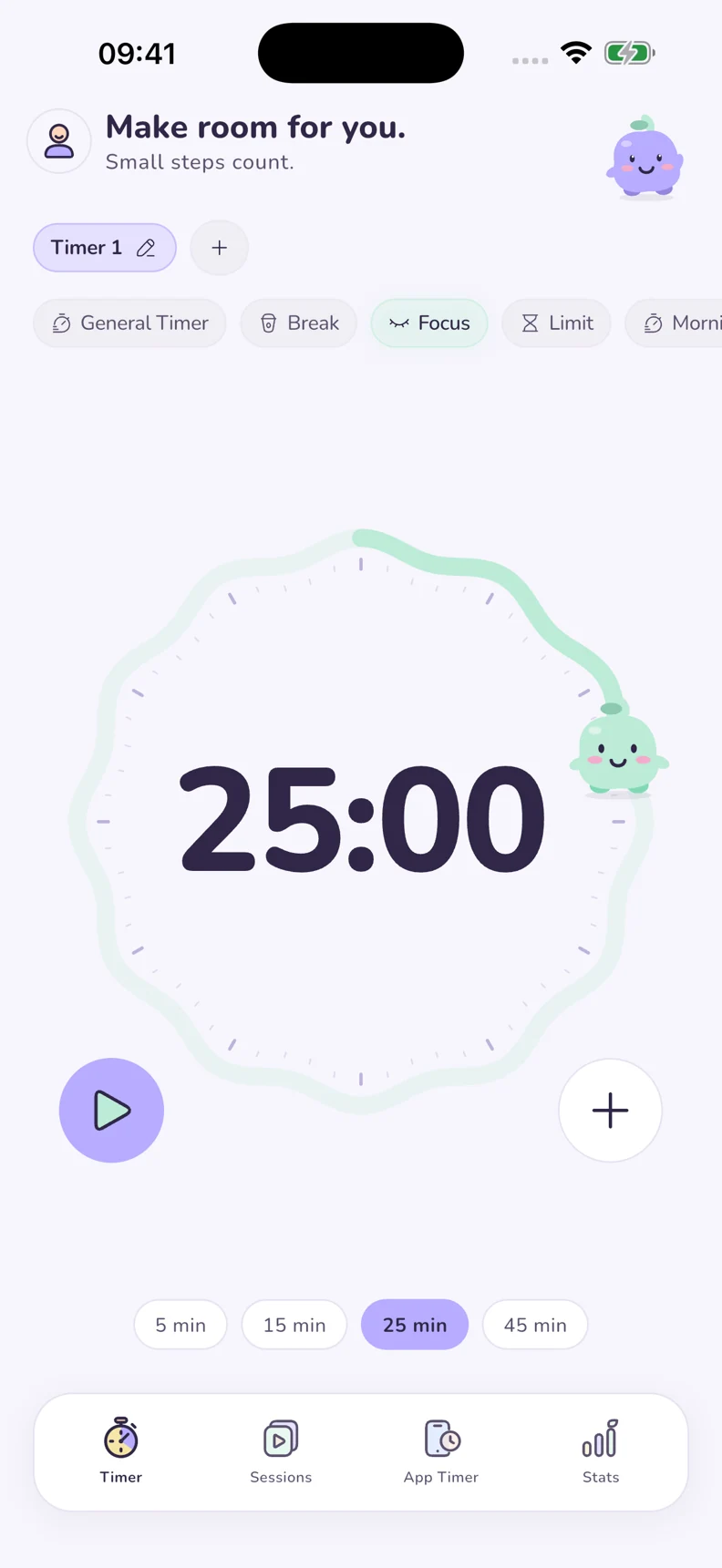 HabiTamer’s Focus timer set to 25 minutes, with a mint timer ring and Habi companion